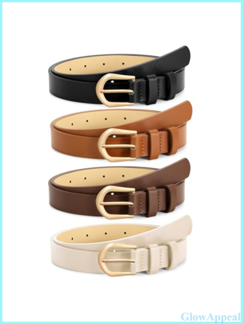 4 Pack Womens Thin Faux Leather Skinny Waist Belts with Gold Buckle